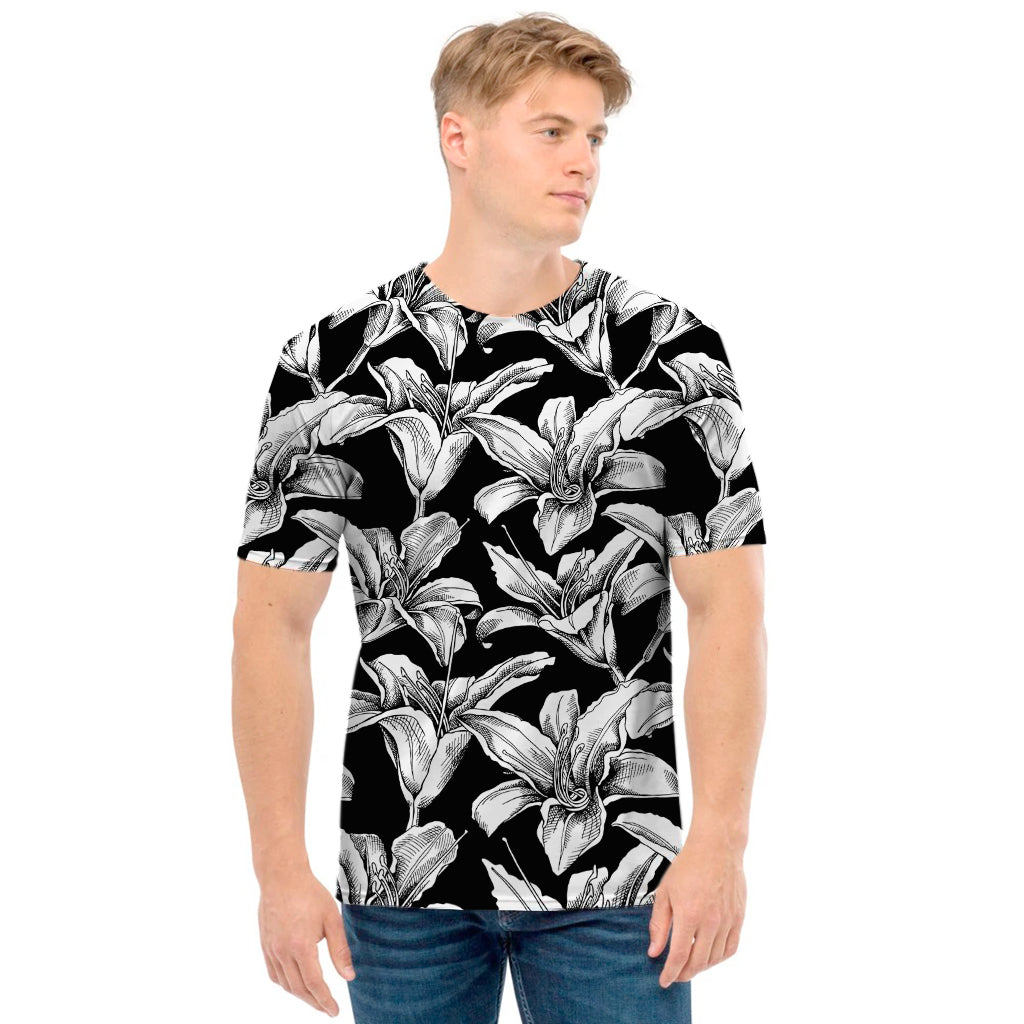 Black And White Lily Pattern Print Men's T-Shirt