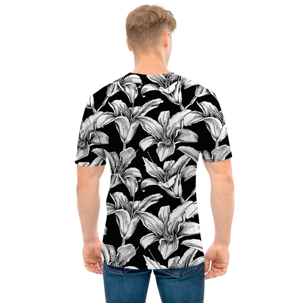 Black And White Lily Pattern Print Men's T-Shirt