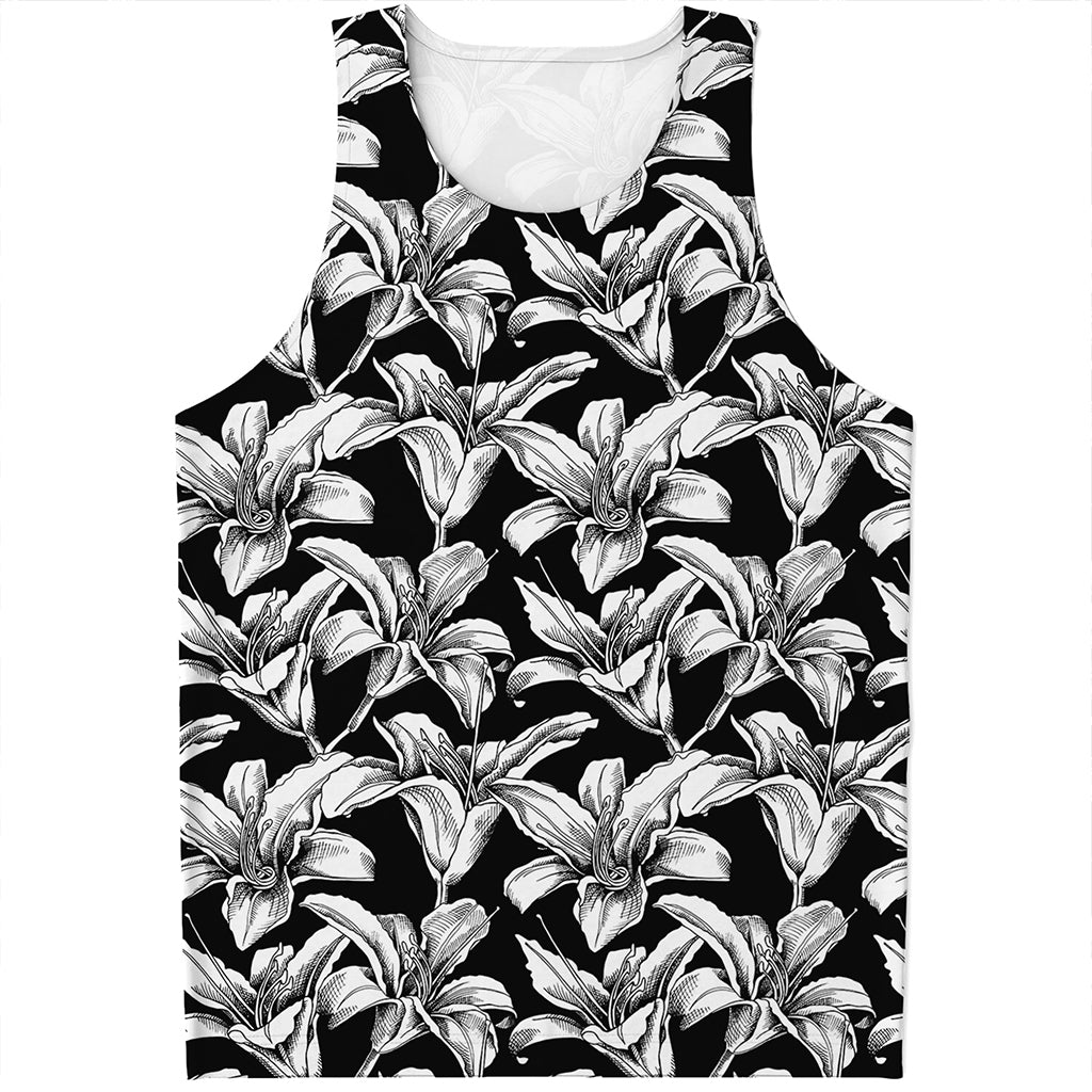 Black And White Lily Pattern Print Men's Tank Top