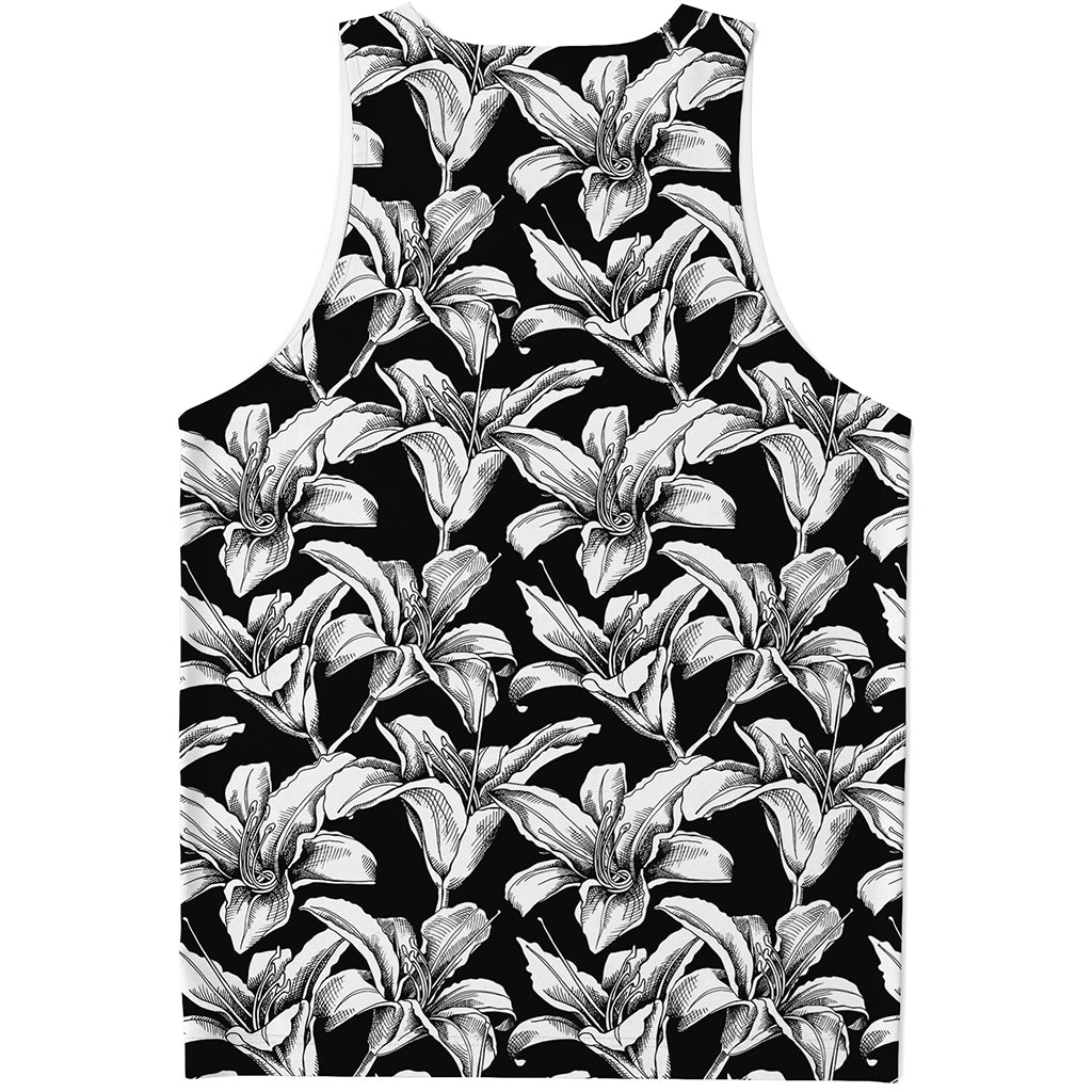 Black And White Lily Pattern Print Men's Tank Top