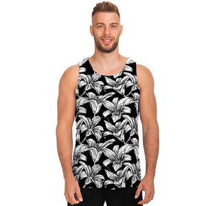 Black And White Lily Pattern Print Men's Tank Top