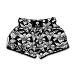 Black And White Lily Pattern Print Muay Thai Boxing Shorts