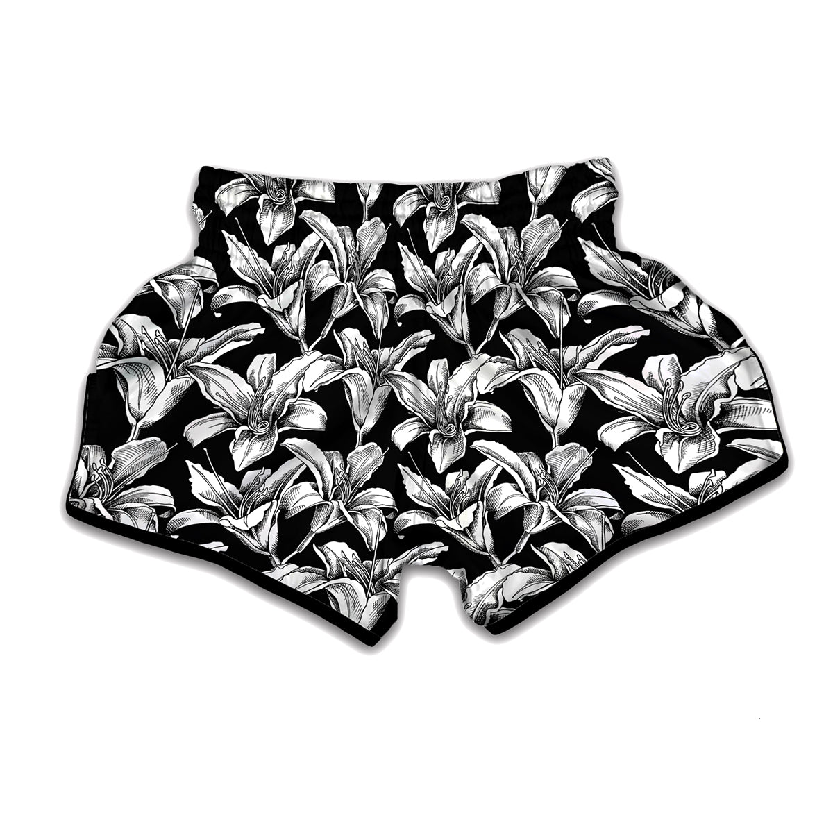 Black And White Lily Pattern Print Muay Thai Boxing Shorts