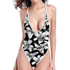 Black And White Lily Pattern Print One Piece High Cut Swimsuit