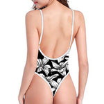 Black And White Lily Pattern Print One Piece High Cut Swimsuit