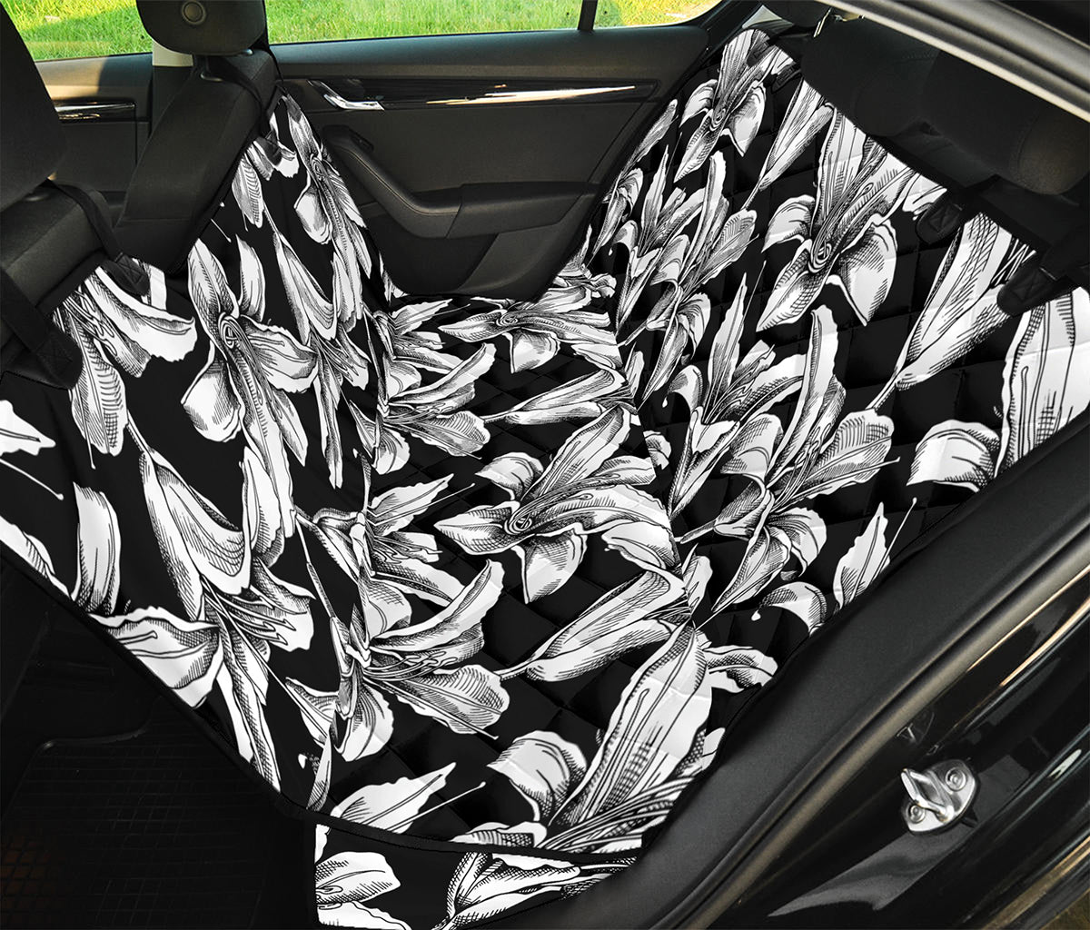 Black And White Lily Pattern Print Pet Car Back Seat Cover