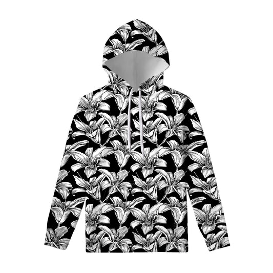 Black And White Lily Pattern Print Pullover Hoodie