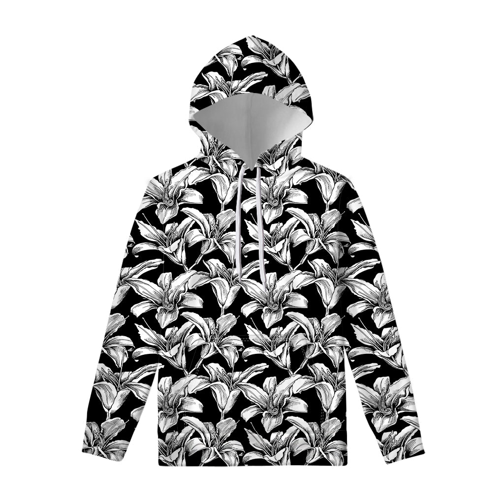 Black And White Lily Pattern Print Pullover Hoodie