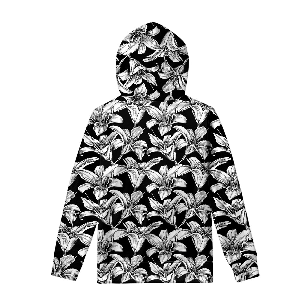 Black And White Lily Pattern Print Pullover Hoodie