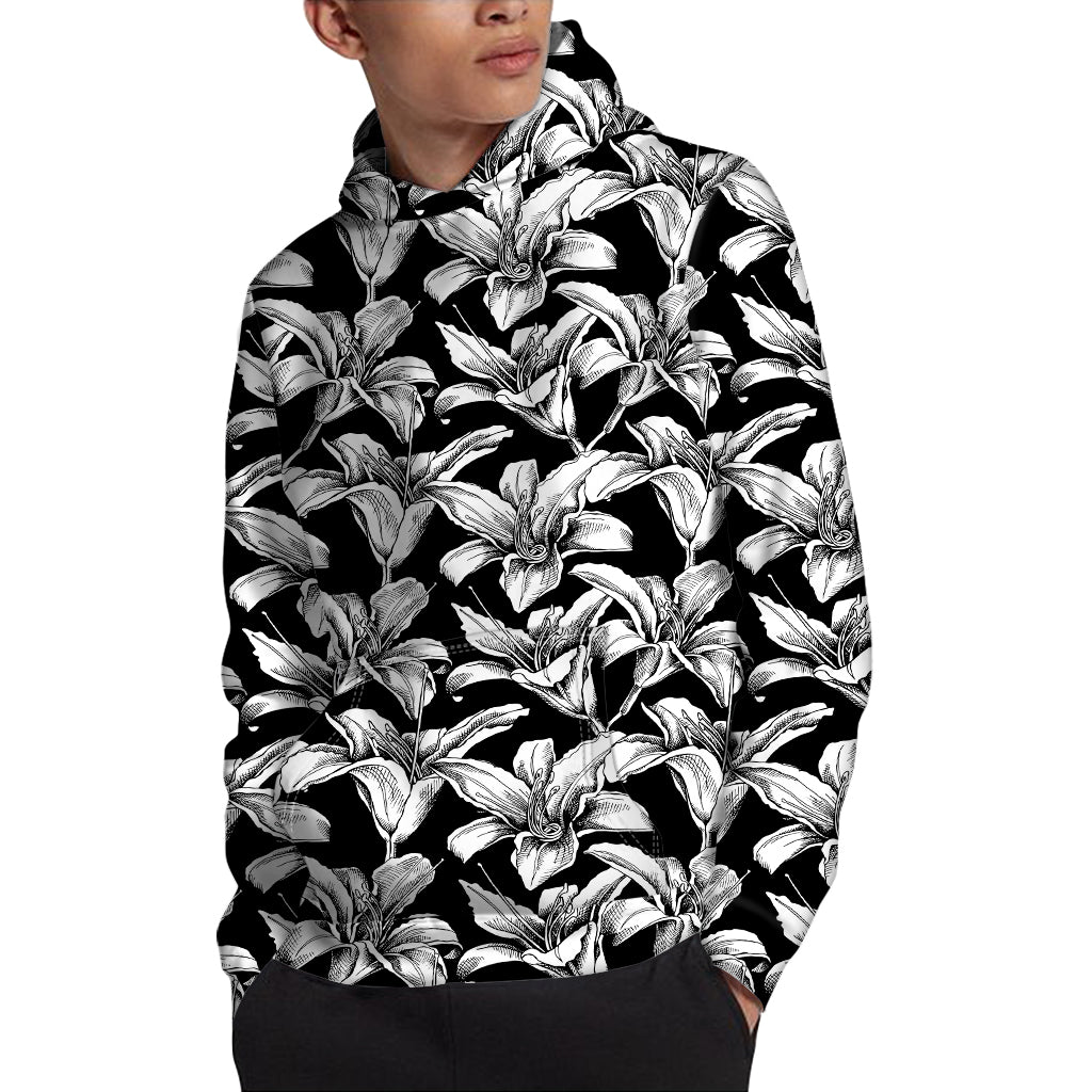 Black And White Lily Pattern Print Pullover Hoodie