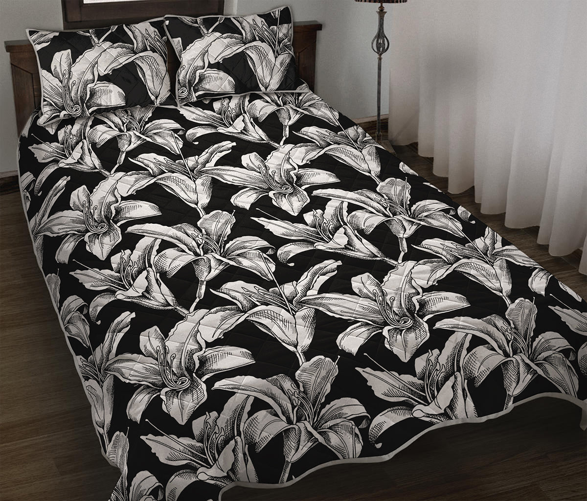 Black And White Lily Pattern Print Quilt Bed Set