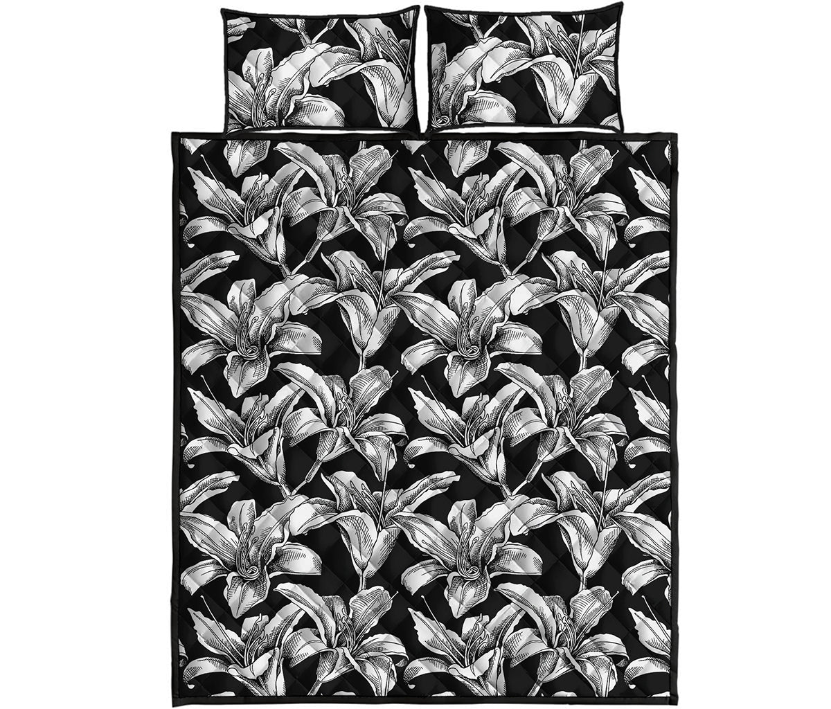 Black And White Lily Pattern Print Quilt Bed Set