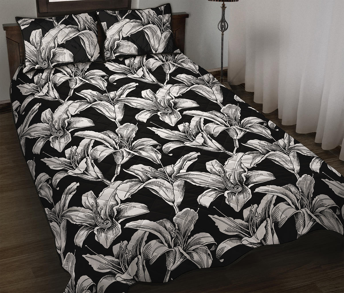 Black And White Lily Pattern Print Quilt Bed Set