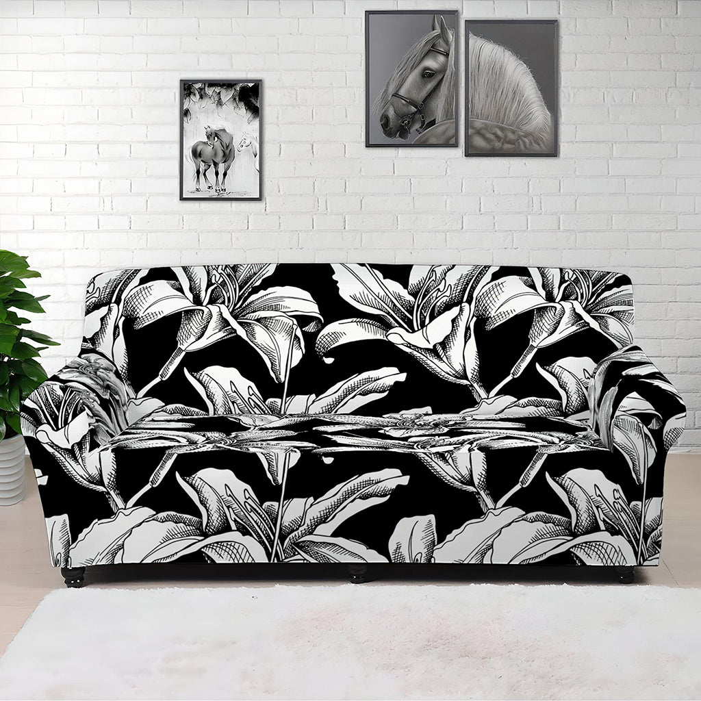 Black And White Lily Pattern Print Sofa Cover