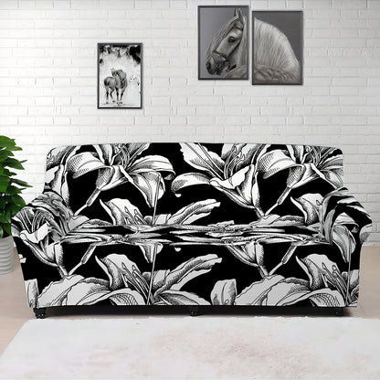 Black And White Lily Pattern Print Sofa Cover
