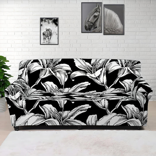 Black And White Lily Pattern Print Sofa Cover