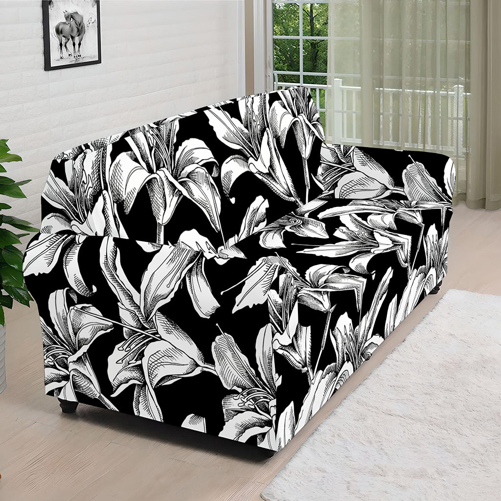 Black And White Lily Pattern Print Sofa Cover