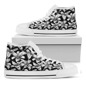 Black And White Lily Pattern Print White High Top Shoes