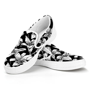 Black And White Lily Pattern Print White Slip On Shoes