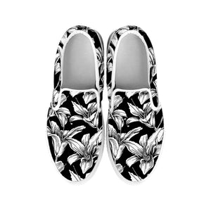 Black And White Lily Pattern Print White Slip On Shoes