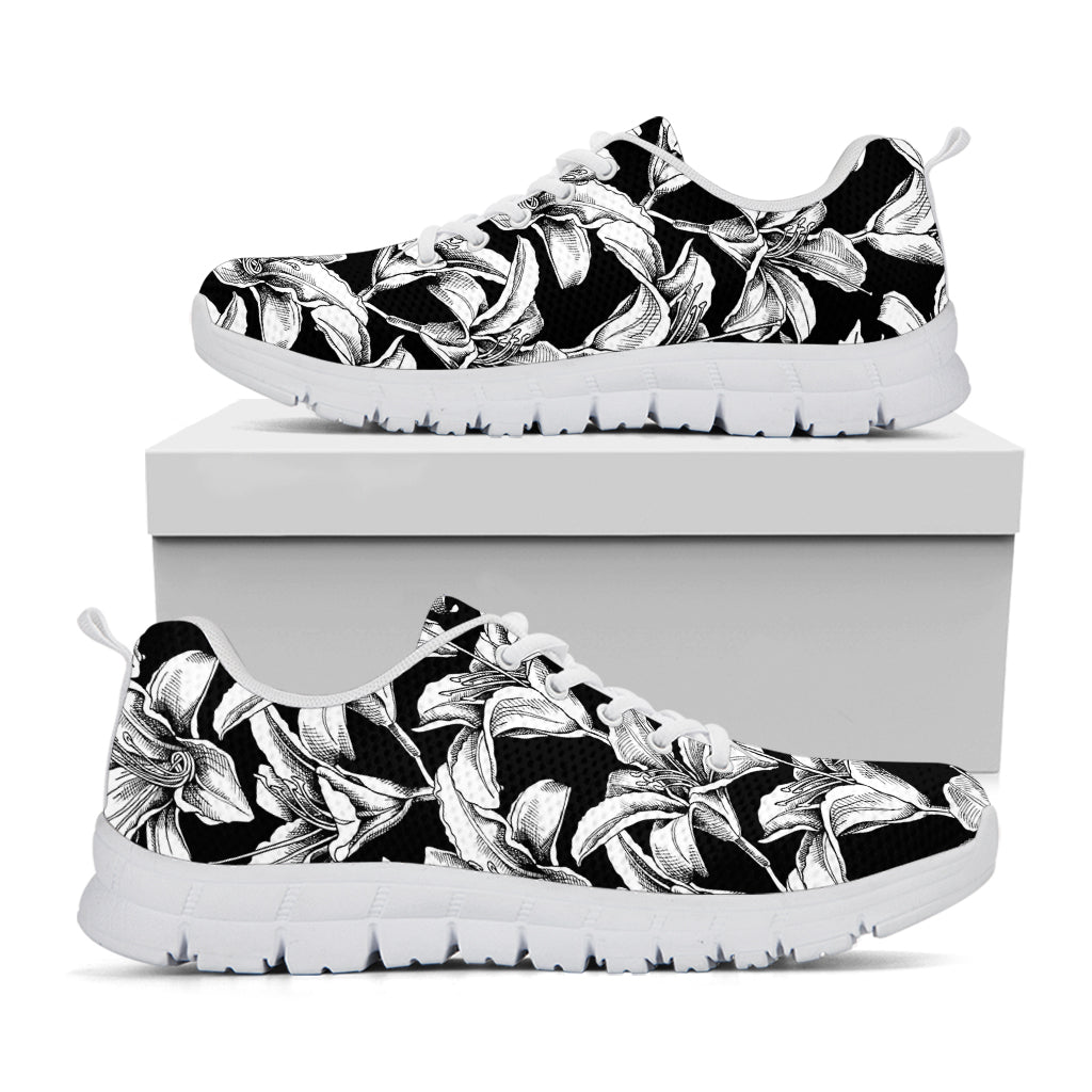 Black And White Lily Pattern Print White Sneakers