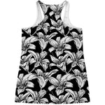 Black And White Lily Pattern Print Women's Racerback Tank Top