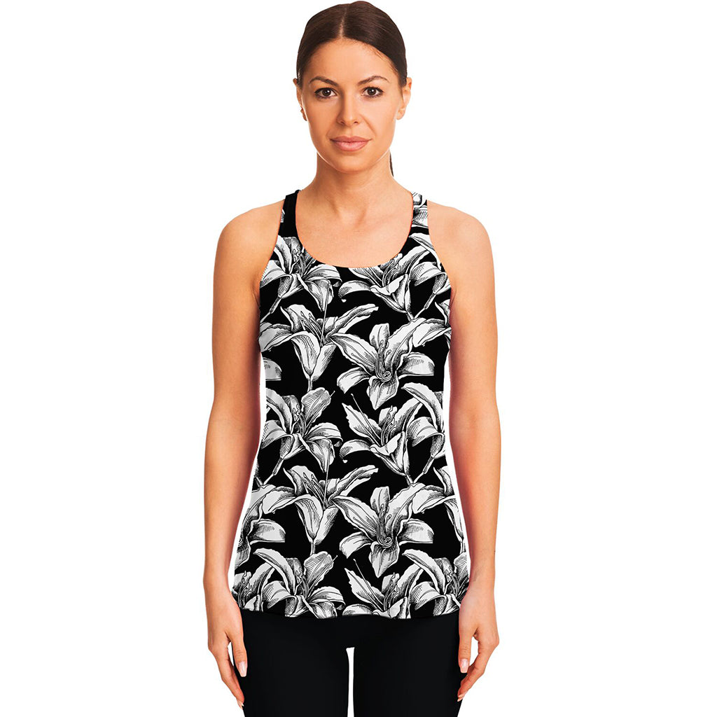 Black And White Lily Pattern Print Women's Racerback Tank Top