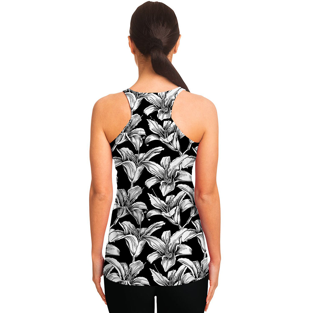 Black And White Lily Pattern Print Women's Racerback Tank Top