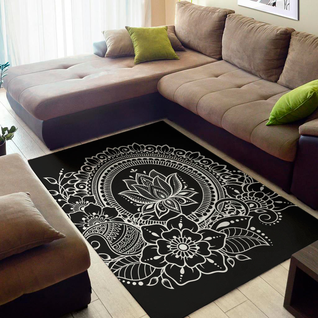 Black And White Lotus Flower Print Area Rug