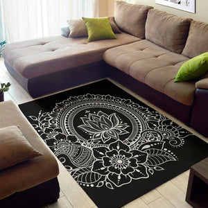 Black And White Lotus Flower Print Area Rug