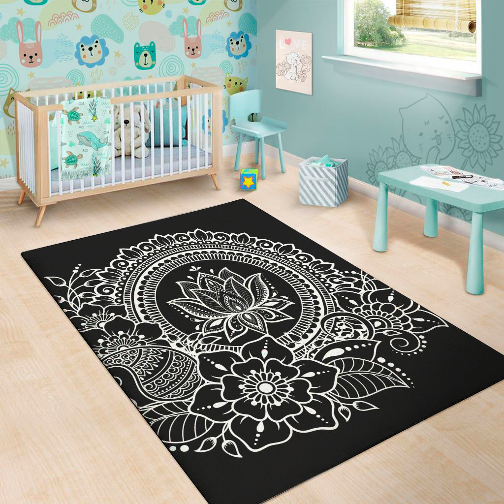 Black And White Lotus Flower Print Area Rug