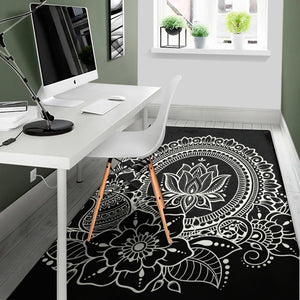 Black And White Lotus Flower Print Area Rug