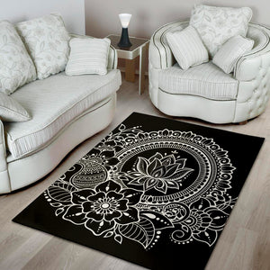 Black And White Lotus Flower Print Area Rug