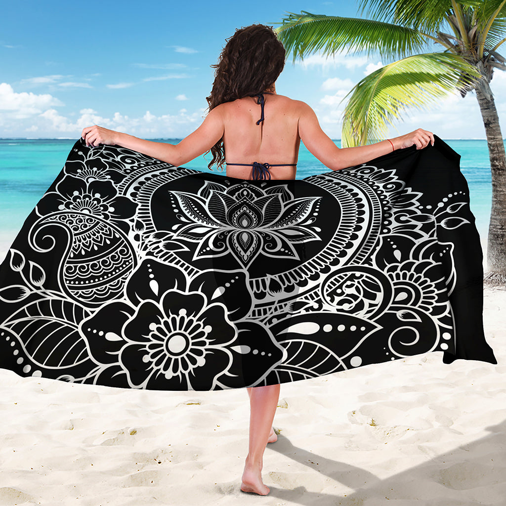 Black And White Lotus Flower Print Beach Sarong Wrap