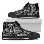 Black And White Lotus Flower Print Black High Top Shoes