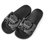 Black And White Lotus Flower Print Black Slide Sandals