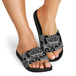 Black And White Lotus Flower Print Black Slide Sandals