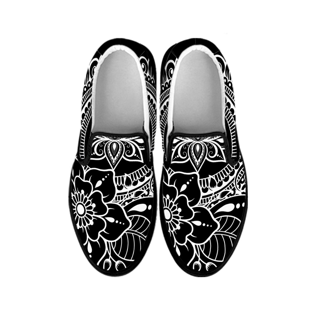 Black And White Lotus Flower Print Black Slip On Shoes