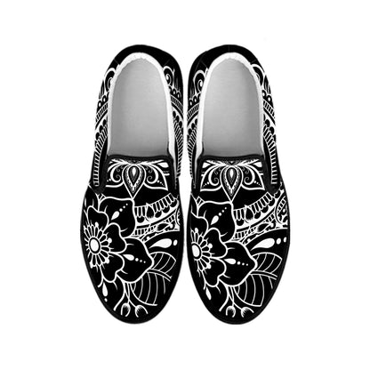 Black And White Lotus Flower Print Black Slip On Shoes