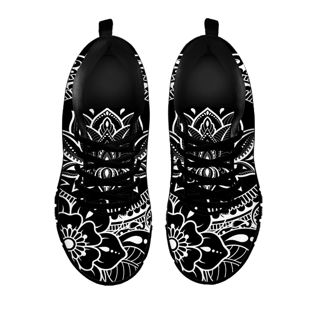 Black And White Lotus Flower Print Black Sneakers