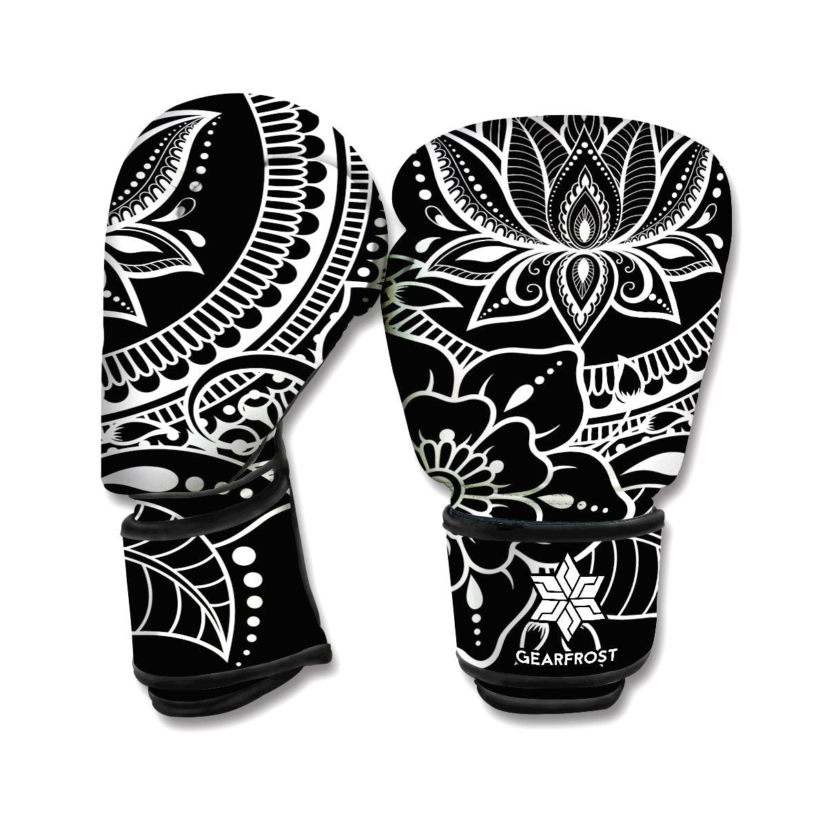 Black And White Lotus Flower Print Boxing Gloves