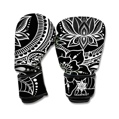 Black And White Lotus Flower Print Boxing Gloves