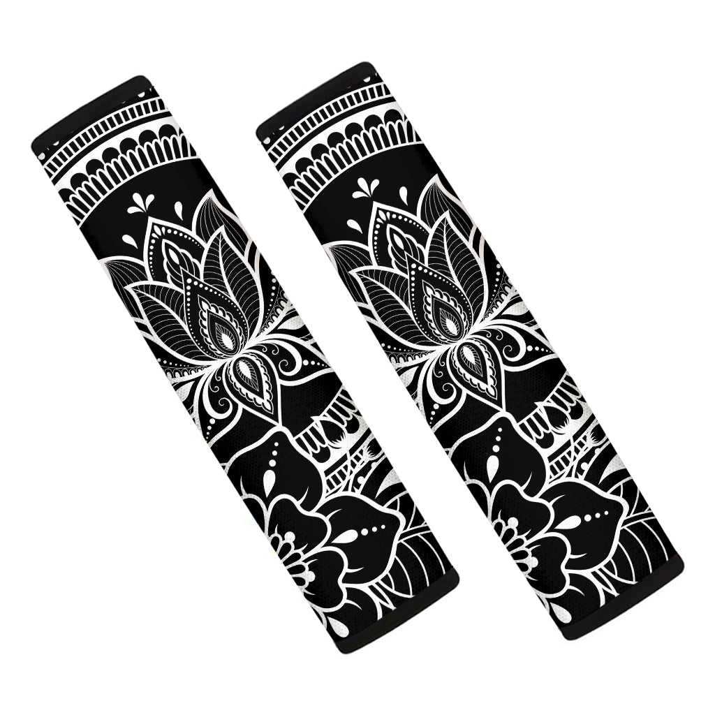 Black And White Lotus Flower Print Car Seat Belt Covers