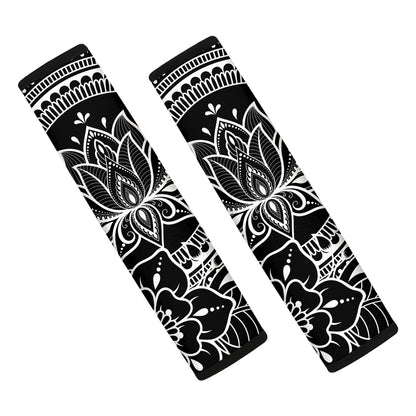 Black And White Lotus Flower Print Car Seat Belt Covers
