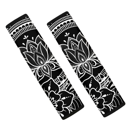 Black And White Lotus Flower Print Car Seat Belt Covers