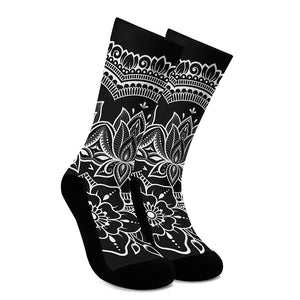 Black And White Lotus Flower Print Crew Socks