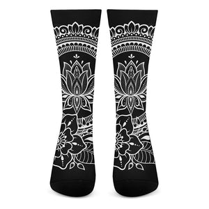 Black And White Lotus Flower Print Crew Socks