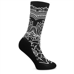 Black And White Lotus Flower Print Crew Socks