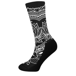 Black And White Lotus Flower Print Crew Socks