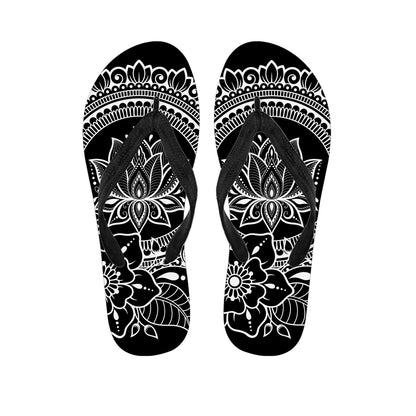 Black And White Lotus Flower Print Flip Flops